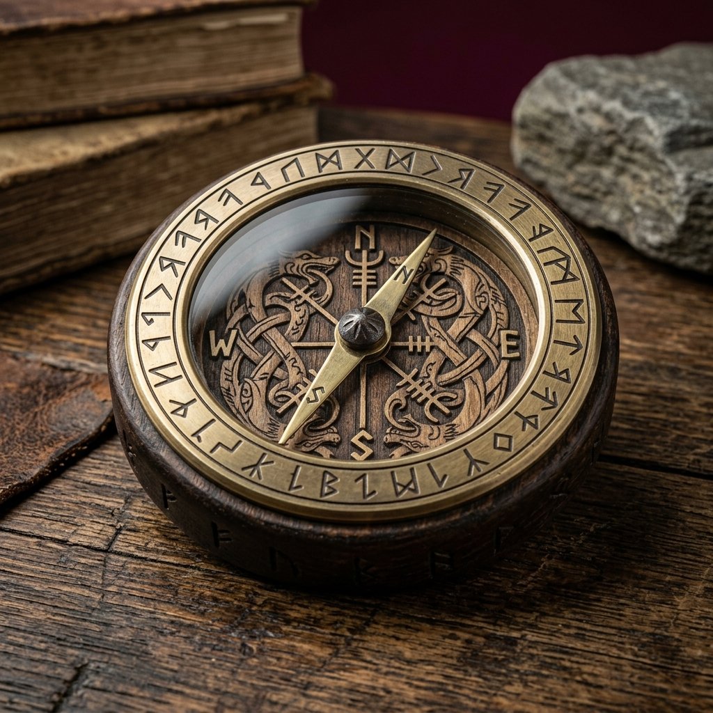 Brújula vikinga sobre una mesa de madera